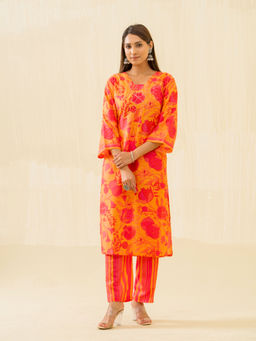 Suha - Yellow Floral Printed Straight Kurta with Pant