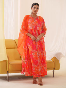 Suha - Women Orange Embroidered Kurta with Pant & Dupatta
