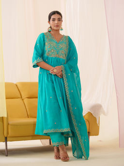 Suha - Women Blue Embroidered Anarkali Kurta with Pant & Dupatta