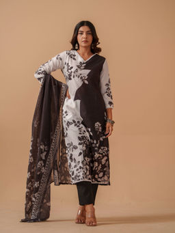 Suha - White Linen Floral Printed Kurta with Pant & Dupatta