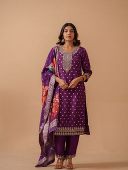 Suha - Purple Santon Embroidered Kurta with Pant & Dupatta