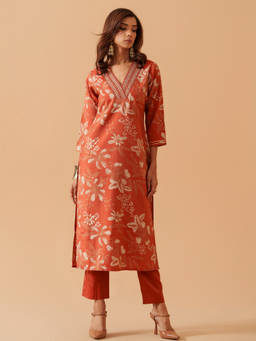 Suha - Orange Chanderi Cotton Floral Printed Kurta with Pant