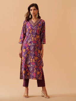 Suha - Purple Chanderi Cotton Floral Printed Kurta with Pant