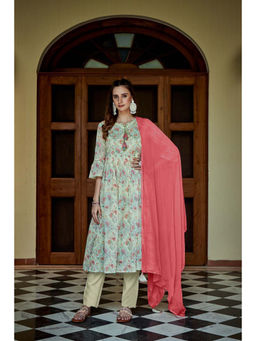 Suha - Cotton Fabric Green Colour Floral Printed Kurta With Pant & Dupatta