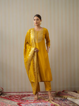 Suha - Chinon Silk Fabric Mustard Colour Kurta With Pant & Dupatta