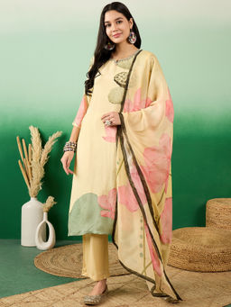 Suha - Muslin Fabric Cream Colour Kurta With Pant & Dupatta