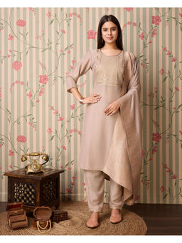 Suha - Chiffon Fabric Beige Colour Kurta With Pant & Dupatta