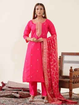 Suha - Rani Colour Roman Silk Kurta & Pant With Dupatta