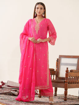 Suha - Poly Organza Fabric Pink Colour Kurta & Pant With Dupatta