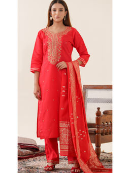 Suha - Red Colour Roman Silk Kurta & Pant With Dupatta