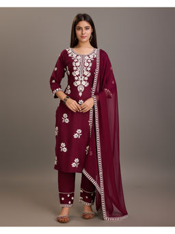 Suha - Wine Colour Reyon Fabric Kurta With Pant & Dupatta
