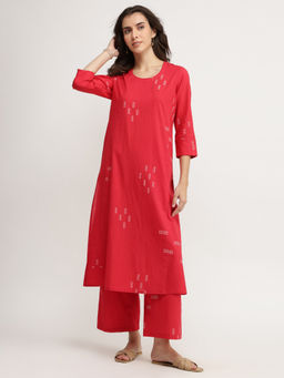Pink Fort - Cotton Geometric Print Kurta With Pant - Red