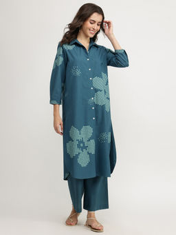 Pink Fort - Cotton Floral Shirt Kurta With Pant - Teal