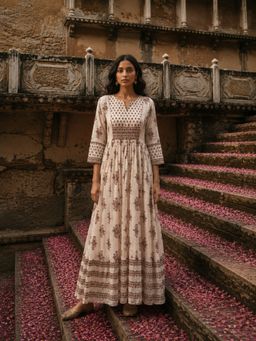 Geroo Luxe - White Pure Cotton Dress with Hand Block Sanganeri Print