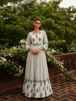 Geroo Luxe - White Pure Cotton Dress with Hand Block Sanganeri Print