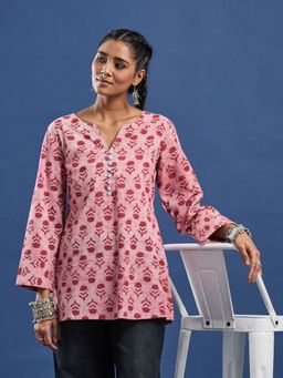 Sufiza Lifestyle - Pink Botanical Printed V-Neck Pure Cotton Kurti