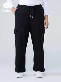 Twenty Dresses by Nykaa Fashion - Curve Black Solid High Waist Cargo Pockets Joggers