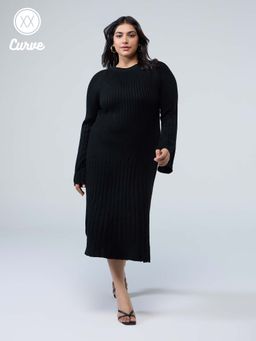 Twenty Dresses by Nykaa Fashion - Curve Black Ribbed Round Neck Full Flared Sleeves Midi Dress