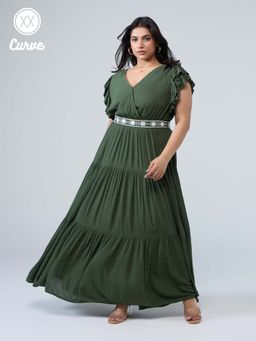Twenty Dresses by Nykaa Fashion - Curve Bottle Green Solid V Neck Ruffled Short Sleeve Tiered Maxi Dress