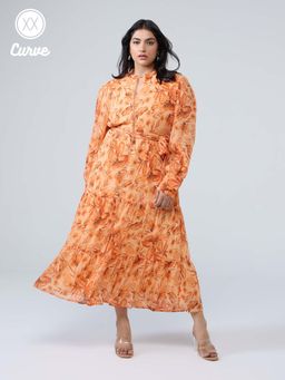 Twenty Dresses by Nykaa Fashion - Curve Orange Full Puff Sleeves Lace Midi Dress with Belt
