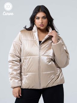 Twenty Dresses by Nykaa Fashion - Curve Beige Metallic Quilted Puffer Jacket