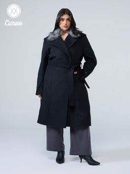 Twenty Dresses by Nykaa Fashion - Curve Black Solid Double Breasted Fur Detail Midi Overcoat