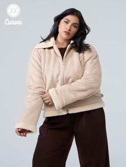 Twenty Dresses by Nykaa Fashion - Curve Ivory Faux Shearling Collar Neck Full Sleeves Suede Jacket
