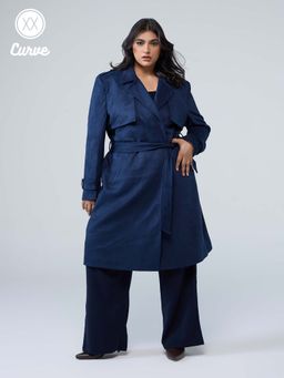 Twenty Dresses by Nykaa Fashion - Curve Navy Blue Lapel Collar Double Breasted Midi Overcoat with Belt