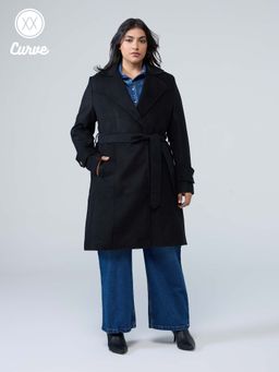Twenty Dresses by Nykaa Fashion - Curve Black Lapel Collar Double Breasted Midi Overcoat with Belt