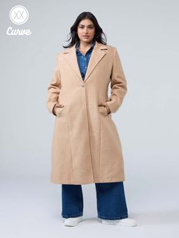 Twenty Dresses by Nykaa Fashion - Curve Beige Solid Lapel Collar Full Sleeves Midi Overcoat