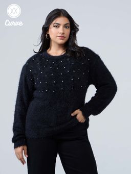 Twenty Dresses by Nykaa Fashion - Curve Black Studded Round Neck Full Sleeves Sweater