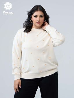 Twenty Dresses by Nykaa Fashion - Curve Off White Heart Foil Print High Neck Sweater