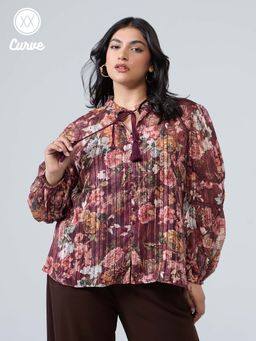 Twenty Dresses by Nykaa Fashion - Curve Maroon Floral Mandarin Neck Bishop Sleeves Top
