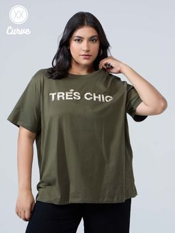 Twenty Dresses by Nykaa Fashion - Curve Olive Green Typography Print Embellished Round Neck Tshirt