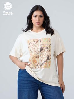 Twenty Dresses by Nykaa Fashion - Curve Off White Oversized Printed Round Neck Tshirt