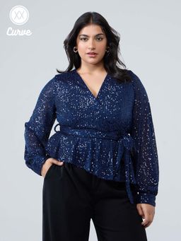 Twenty Dresses by Nykaa Fashion - Curve Party Blue Sequin V Neck Full Sleeves Peplum Top