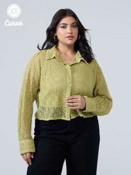 Twenty Dresses by Nykaa Fashion - Curve Light Green Lace Inserted Full Sleeves Crop Shirt