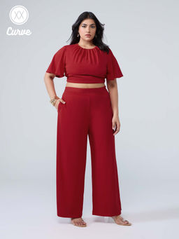 Twenty Dresses by Nykaa Fashion - Curve Party Red Gathered Round Neck Crop Top Straight Pants Co Ord (Set of 2)