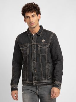 Spykar - Men Black Cotton Slim Fit Denim Jacket