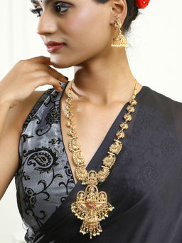 Adwitiya - Peacock and Laxmi Design Pearl Tessel Traditional Long Temple Necklace and Jhumkis