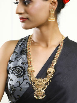 Adwitiya - Peacock and Elephant Design Pearl Tessel Traditional Long Temple Necklace and Jhumkis