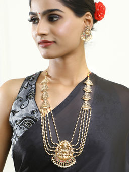 Adwitiya - Laxmi Design Pearl Beaded Layered Traditional Long Necklace and Earrings