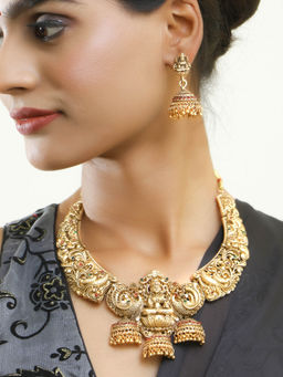 Adwitiya - Peacock and Laxmi Design Half Dome Tessel Traditional Necklace and Jhumkis