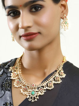 Adwitiya - Stone Studded Pearl Tessel Traditional Necklace and Earrings