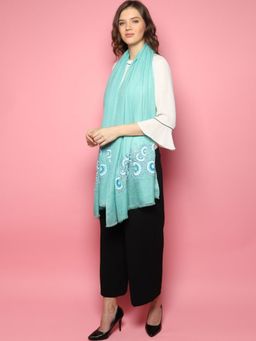Modarta By Kamakshi - Turquoise Blue Shawl Hand Embroidered Handmade Pure Pashmina Shawl
