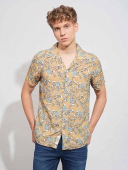 Being Human - Men Printed Mustard Short Sleeves Shirt