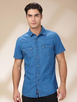Being Human - Men Solid Blue Short Sleeves Shirt