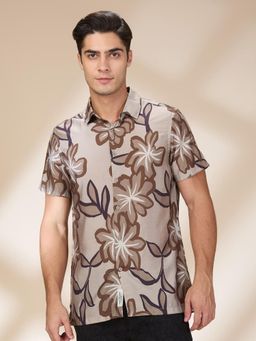 Being Human - Men Printed Beige Short Sleeves Shirt