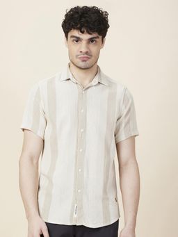 Being Human - Men Striped Beige Short Sleeves Shirt