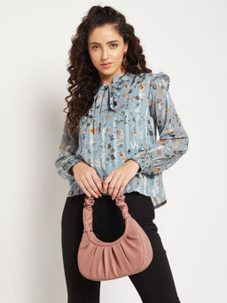 Madame - Tie-Neck Detail Floral Print Aqua Blue Top